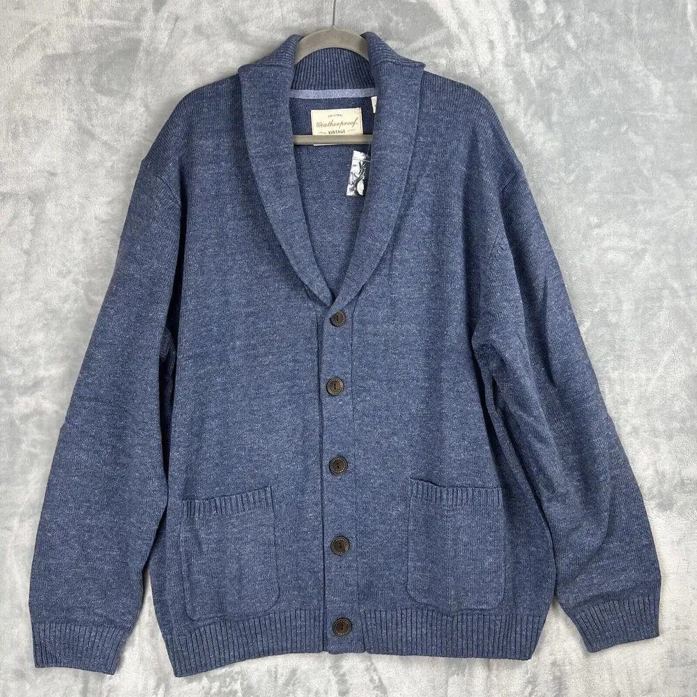 Weatherproof‎ Vintage Sweater Mens Knit Shawl Neck Blue Preppy Cottage core 2XL
